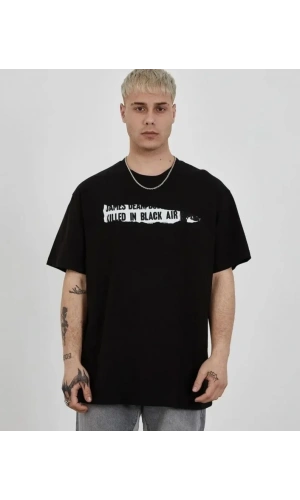 Bidebuvar Unisex Bisiklet Yaka Baskılı Oversize T-Shirt - Siyah