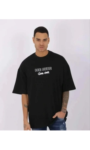 Bidebuvar Unisex Bisiklet Yaka Baskılı Oversize T-Shirt - Siyah