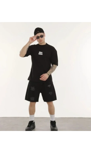 Bidebuvar Unisex Bisiklet Yaka Baskılı Oversize T-Shirt - Siyah