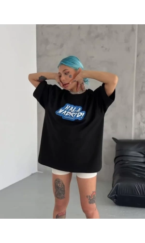 Bidebuvar Unisex Bisiklet Yaka Baskılı Oversize T-Shirt - Siyah