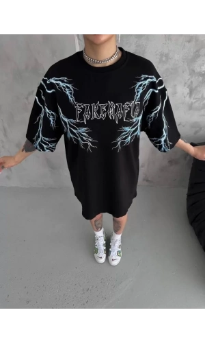 Bidebuvar Unisex Bisiklet Yaka Baskılı Oversize T-Shirt - Siyah