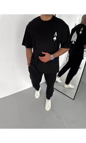 Bidebuvar Unisex Bisiklet Yaka Baskılı Oversize T-Shirt - Siyah