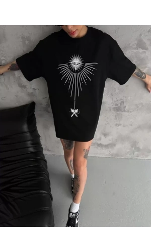 Bidebuvar Unisex Bisiklet Yaka Baskılı Oversize T-Shirt - Siyah