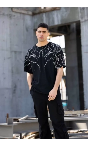 Bidebuvar Unisex Bisiklet Yaka Baskılı Oversize T-Shirt - Siyah