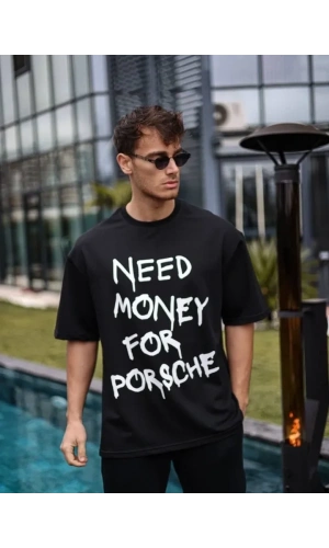 Bidebuvar Unisex Bisiklet Yaka Baskılı Oversize T-Shirt - Siyah