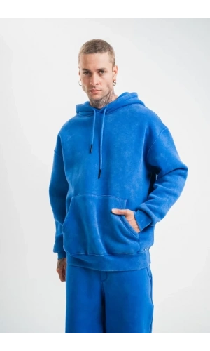 Bidebuvar Unisex Double Oversize Kapşonlu Yıkamalı SweatShirt - Mavi