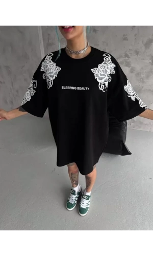 Bidebuvar Unisex Flok Kabartma Baskılı T-Shirt - Siyah