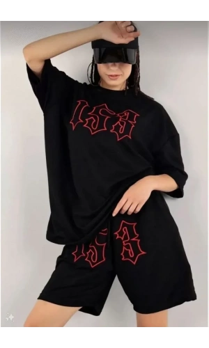 Bidebuvar Unisex Nakış İşlemeli Şort Takım - Siyah