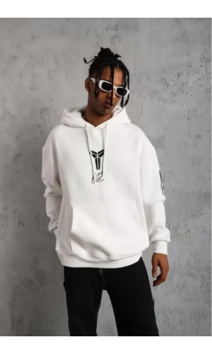 Bidebuvar Unisex Sırt Baskılı Kapüşonlu Üç İplik Oversize Sweatshirt - Beyaz