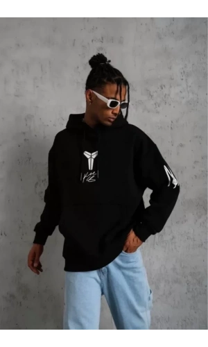 Bidebuvar Unisex Sırt Baskılı Kapüşonlu Üç İplik Oversize Sweatshirt - Siyah