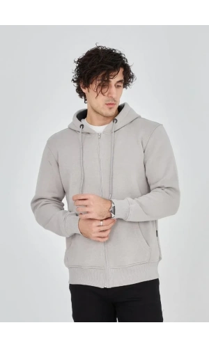 Bidebuvar Unisex Tam Fermuarlı Kapşonlu  SweatShirt - Boyalı Gri
