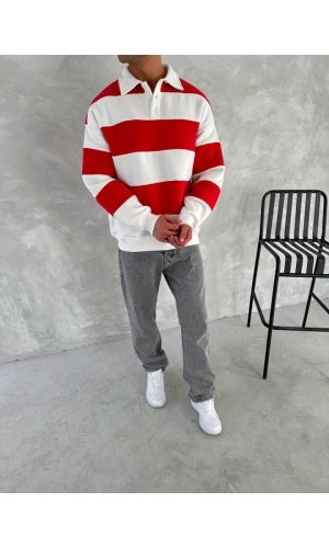 Bidebuvar Unisex Üç İplik Parçalı Yakalı SweatShirt - Kırmızı