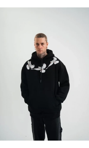 Bidebuvar Unisex Uzun Kol Bisiklet Yaka Yıkamalı SweatShirt - Siyah