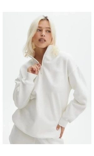 Bidebuvar Unisex Uzun Kol Yarım Farmuarlı Yakalı Basic SweatShirt - Beyaz