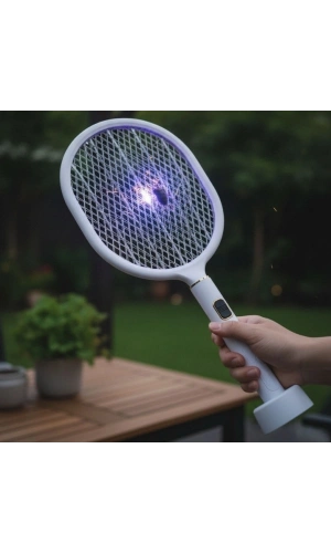 Bidebuvar USB Şarjlı Standlı Şarj Göstergeli UV Işıklı Beyaz Sinek Öldürme Raketi