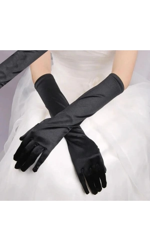 Bidebuvar Uzun Boy Ekstra Parlak Saten Eldiven Siyah Renk