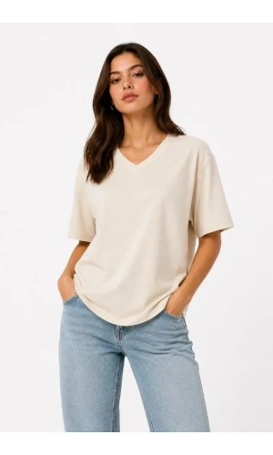 Bidebuvar V Yaka Basic Tişört Kısa Kol Yazlık Regular Fit T-Shirt - Bej