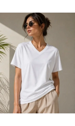 Bidebuvar V Yaka Basic Tişört Kısa Kol Yazlık Regular Fit T-Shirt - Beyaz