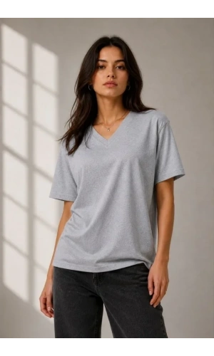 Bidebuvar V Yaka Basic Tişört Kısa Kol Yazlık Regular Fit T-Shirt - Gri