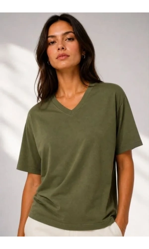 Bidebuvar V Yaka Basic Tişört Kısa Kol Yazlık Regular Fit T-Shirt - Haki