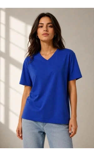 Bidebuvar V Yaka Basic Tişört Kısa Kol Yazlık Regular Fit T-Shirt - Saks Mavisi