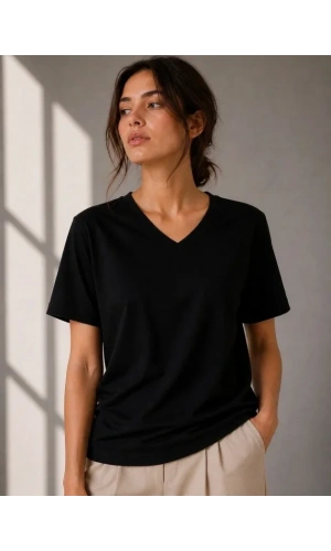Bidebuvar V Yaka Basic Tişört Kısa Kol Yazlık Regular Fit T-Shirt - Siyah