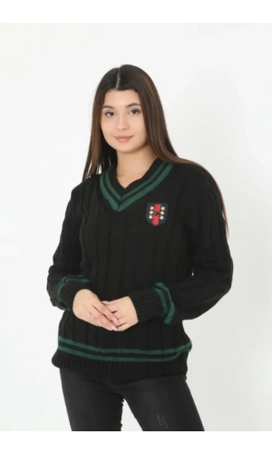 Bidebuvar V Yaka Örgülü Kazak - Siyah