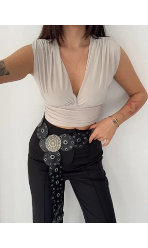 Bidebuvar Vatkalı Kolsuz V Yaka Drapeli Crop Bluz Likralı Fit - Boyalı Gri