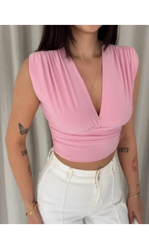 Bidebuvar Vatkalı Kolsuz V Yaka Drapeli Crop Bluz Likralı Fit - Pembe