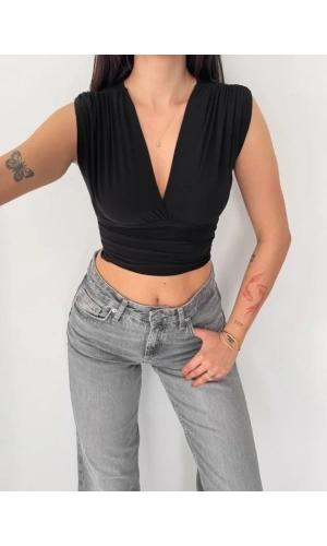 Bidebuvar Vatkalı Kolsuz V Yaka Drapeli Crop Bluz Likralı Fit - Siyah