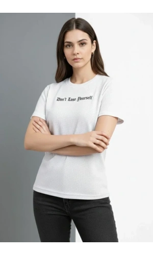 Bidebuvar Wafıl Kumaş Tişört Regular Kalıp Bisiklet Yaka Baskılı Günlük Basic T-Shirt - Beyaz