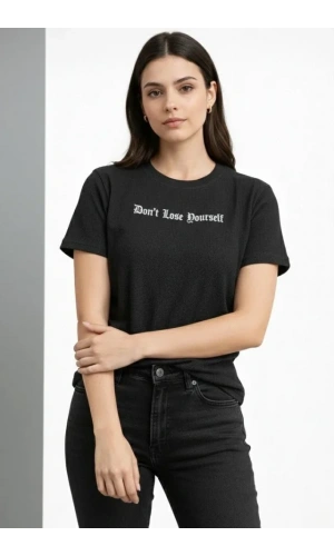 Bidebuvar Wafıl Kumaş Tişört Regular Kalıp Bisiklet Yaka Baskılı Günlük Basic T-Shirt - Siyah