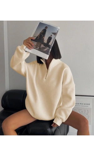 Bidebuvar Yarım Fermuarlı Üç İplik Sweatshirt - Bej