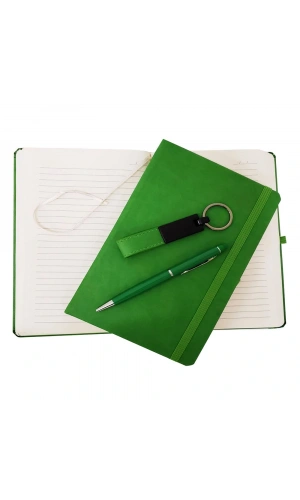 Bidebuvar Yeşil Termo Deri Defter, Kalem ve Anahtarlık Seti