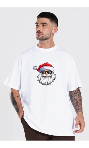 Bidebuvar Yılbaşı Gözlüklü Noel Baba Baskılı Kısa Kollu Oversize Bisiklet Yaka T-shirt - Beyaz