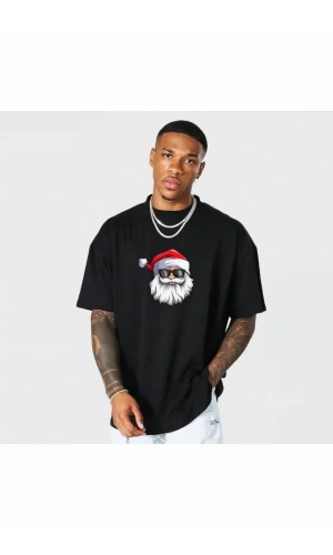 Bidebuvar Yılbaşı Gözlüklü Noel Baba Baskılı Kısa Kollu Oversize Bisiklet Yaka T-shirt - Siyah