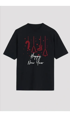 Bidebuvar Yılbaşı Happy New Year Baskılı Kısa Kollu Oversize Bisiklet Yaka T-shirt - Siyah