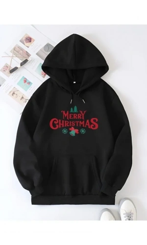 Bidebuvar Yılbaşı Merry Christmas Baskılı Oversize Kapüşonlu Sweatshirt Hoodie - Siyah