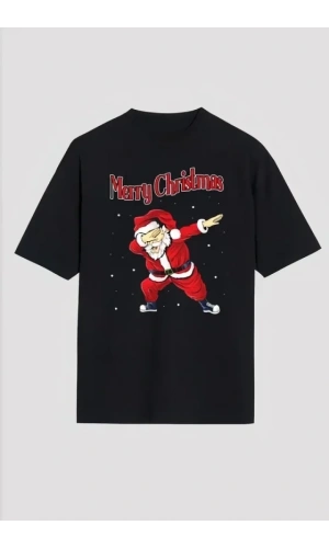 Bidebuvar Yılbaşı Merry Christmas Noel Baba Baskılı Oversize Bisiklet Yaka T-shirt - Siyah