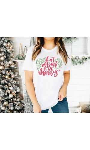 Bidebuvar Yılbaşı Noel Baskılı Kısa Kollu Oversize Bisiklet Yaka T-shirt - Beyaz