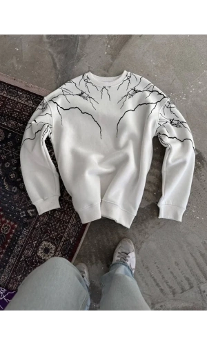 Bidebuvar Yıldırım Baskılı Bisiklet Yaka SweatShirt - Beyaz