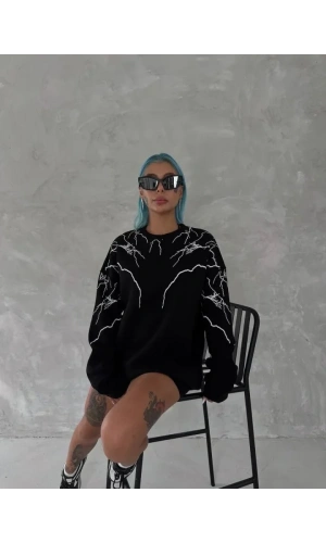 Bidebuvar Yıldırım Baskılı Bisiklet Yaka SweatShirt - Siyah