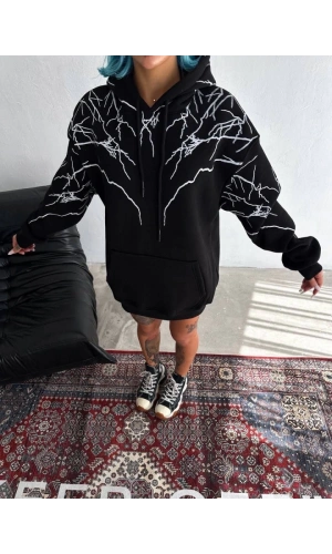 Bidebuvar Yıldırım Baskılı Kapşonlu SweatShirt - Siyah