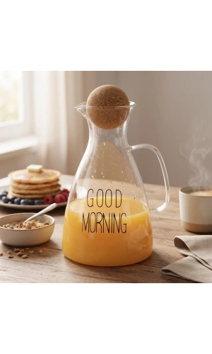 Bidebuvar Yuvarlak Mantar Kapaklı Sürahi - 1500 ml - Yüksek Kaliteli Cam