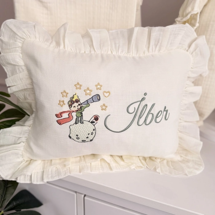 Müslin Ekru Set – Yastık- Battaniye ve Bebe Yaka Tulum