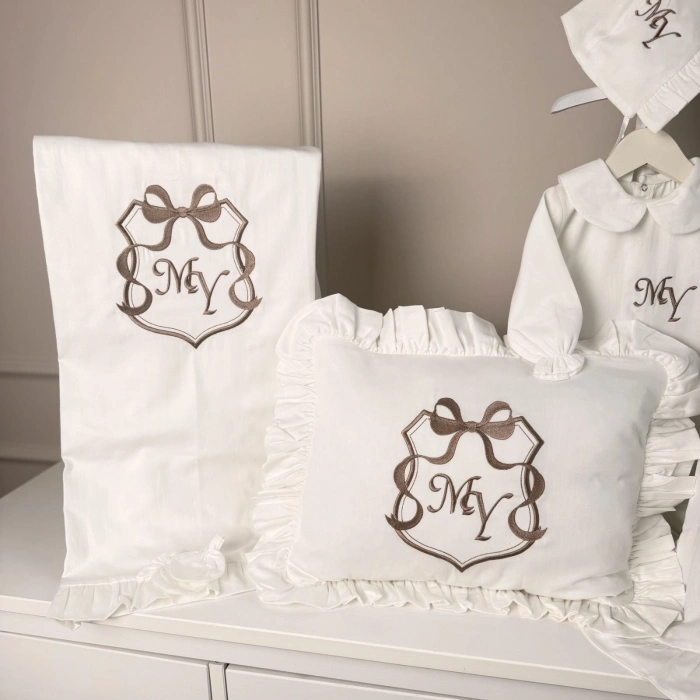 Pamuk Saten Hastane Çıkış Seti Yastık-Battaniye-Puset-Bebe Yaka Tulum