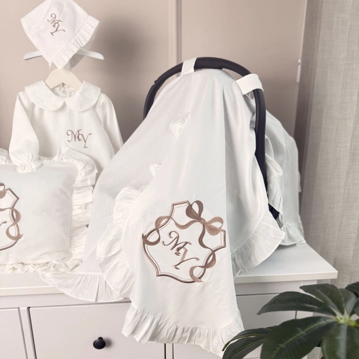 Pamuk Saten Hastane Çıkış Seti Yastık-Battaniye-Puset-Bebe Yaka Tulum