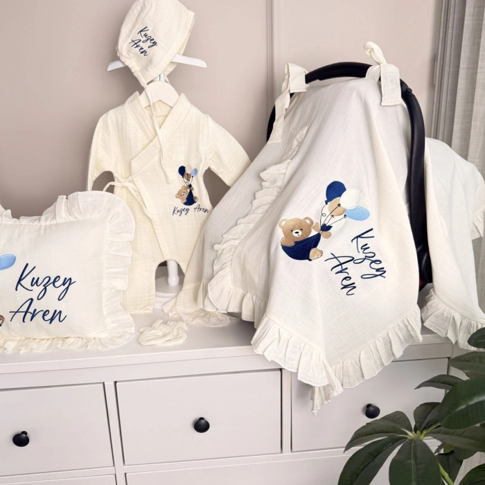 Nakışlı İşlemeli İsimli Hastane Çıkışı Seti 4 Parça