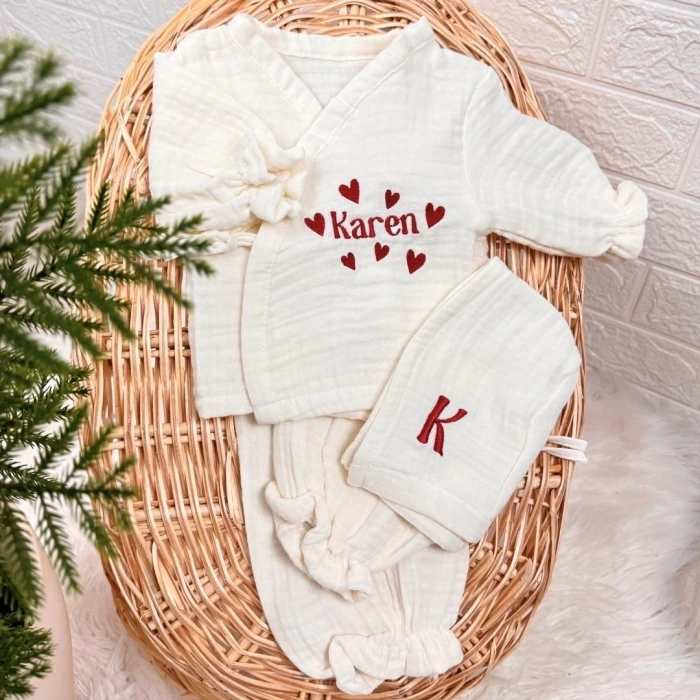 Nakış İşlemeli Müslin Alt Üst Takım ve Şapka Set