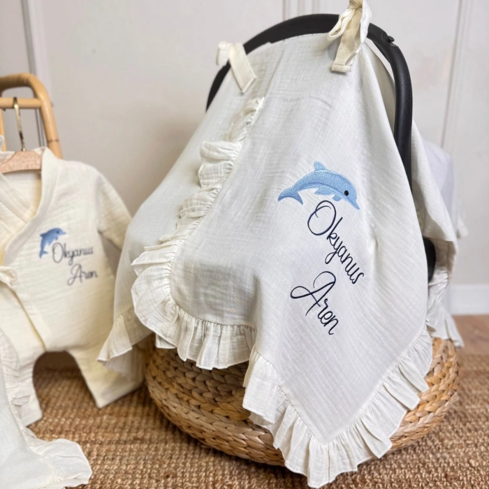 Müslin Ekru Set – Yastık, Battaniye, Puset Örtüsü ve Kruvaze Tulum